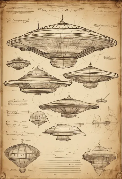 Alien spaceship, flying saucer, in the style of DaVinci invention sketches, old paper, blueprint, abduction, viewer from below