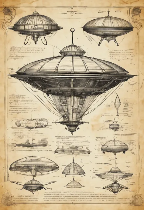 Alien spaceship, flying saucer, in the style of DaVinci invention sketches, old paper, blueprint, abduction, viewer from below