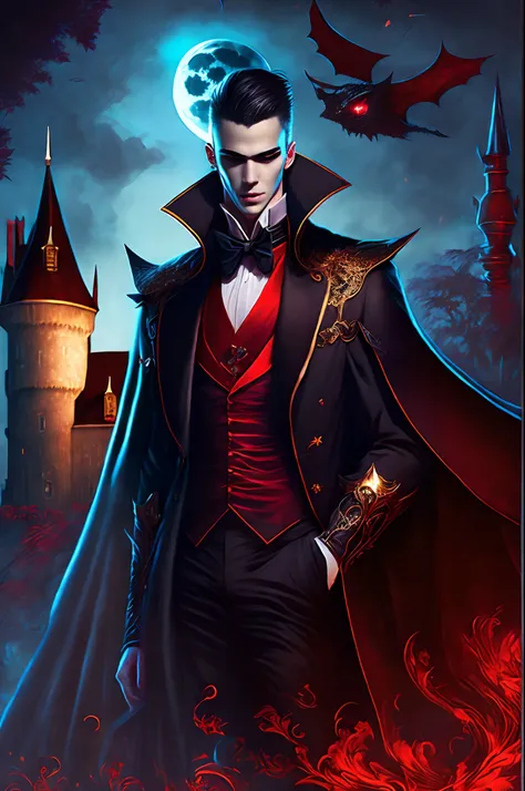 fantastic realism with symphonic metal style, ((beautiful mythological monster vampire)), full body shot, (heat haze:1.21), medium hair slicked back with light black, shining golden eyes is slant up, reversible light black and red cloak hides the body, bla...