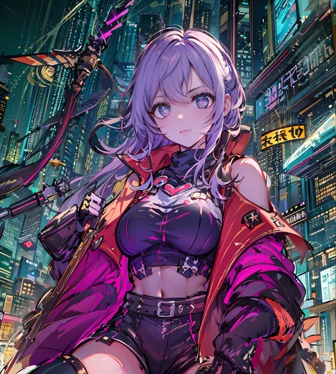 noite, fundo colorido da cidade cyberpunk, chuva, rua , seele,honkai impact,1menina, seios, recorte de decote, recorte de roupa,...