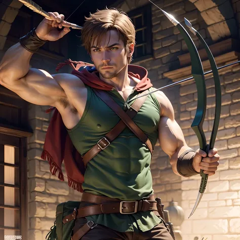 Robin hood muscular in shooting arrow with bow