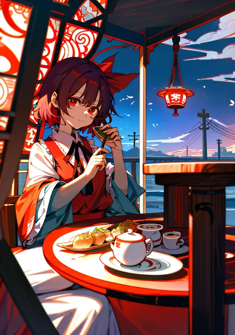 Anime girl sitting at table，Holding a plate of food and flowers, Loli, from touhou, mysterious coffee shop girl, author：Uesaka Seka, anime art nouveau, Touhou, touhou project, korean art nouveau anime, touhou project official artwork, author：Kikukawa Sakae...