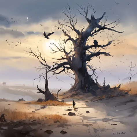 Two crows on a dead tree, A shadow shaped like a walker, Starry night, Thick fog on the ground, Blue light on the horizon, Unreal Engine 5, Cinematic, low angle photography, Motion blur, Depth of field, Dust, Cobblestones and dirt. Splash Art, dripping pai...