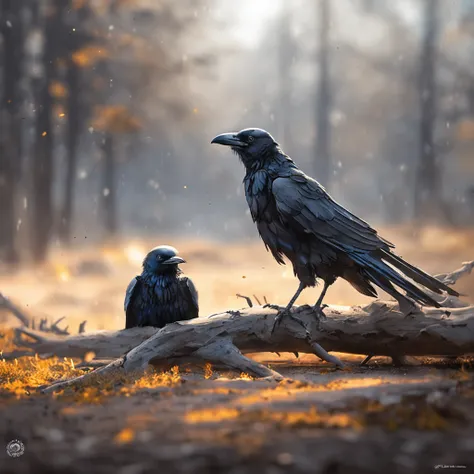 Two crows on a dead tree, A shadow shaped like a walker, Starry night, Thick fog on the ground, Blue light on the horizon, Unreal Engine 5, Cinematic, low angle photography, Motion blur, Depth of field, Dust, Cobblestones and dirt. Splash Art, dripping pai...