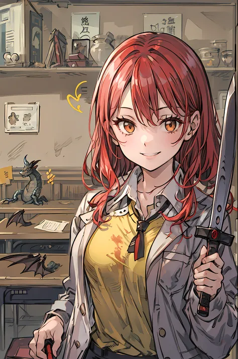 Unpleasant smile of a girl who loves knives in a school classroom、Niccoli holding a survival knife in one hand、Psychopath horror、Red-haired、Dragon Yellow-Eyed Girl、