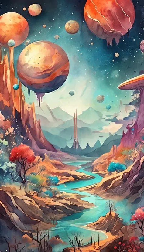 Colorful futuristic space illustration，Theres a planet in the middle, a beautiful artwork illustration