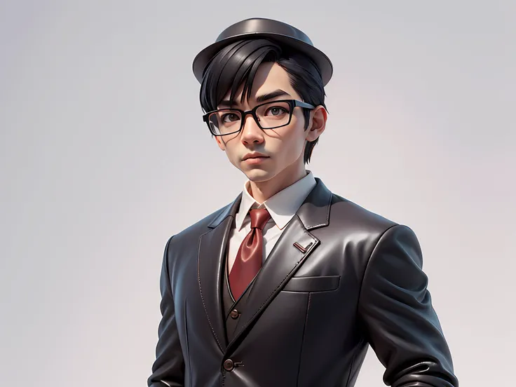 Young man with oriental face in leather hat, tiger, oriental face in formal suit, short black hair, silver glasses, digital painting, 3D character design by Mark Clairedon and Pixar and Hayao Miyazaki and Akira Toriyama, the illustration is a high-definiti...