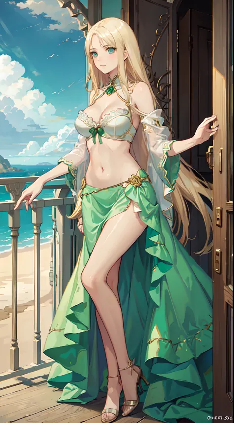 blonde hair, long hair, green eyes, green gown, short skirt, slim legs, navel, balcony, happy, cleavage, bend over