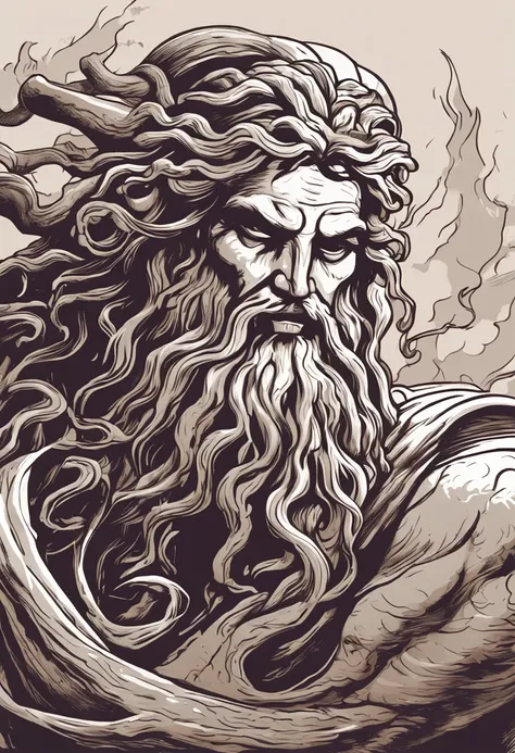 zeus holding medusas head in his arms after a bloody fight, rainy weather with lightning and thunder, bright rays coming out of his eyes and with expression of hate