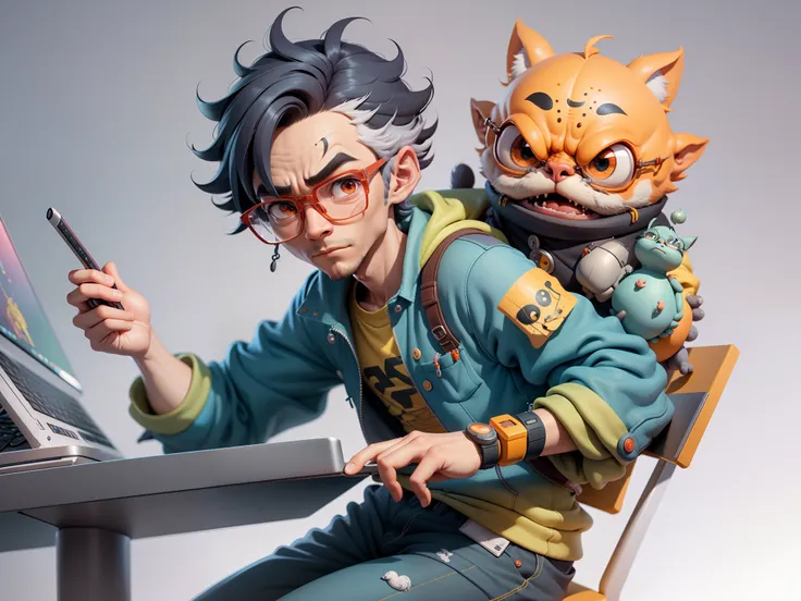 A young man with glasses sits at his desk，holding laptop，digitial painting，3D character design by Mark Clairen and Pixar and Hayao Miyazaki and Akira Toriyama，4K HD illustration，Very detailed facial features and cartoon-style visuals。