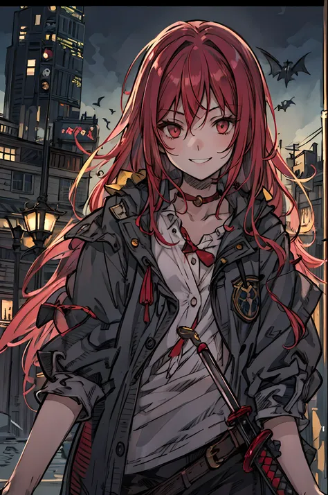 Late night downtown、Unpleasant smile of a girl who loves knives、Niccoli holding a survival knife in one hand、Psychopath horror、Red-haired、Dragons Eye、