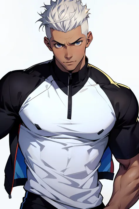 Highest image quality，male people，1 boy，Young and handsome，shoun，White color hair，Short flat top hair，Dark  skin，anime big breast，anime wallpaper，Solo，malefocus，Casual sports style，