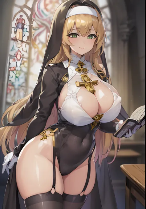 1girl, solo, indoors, in a church, stained glass in backgrounf, beautiful anime nun with a book in her hand, thicc, commission for high res, marin kitagawa fanart, cleric, dressed like a cleric, oppai, commission for, anime goddess, inspired by Li Chevalie...