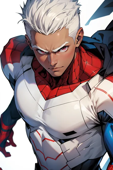 Highest image quality，male people，1 boy，Young and handsome，shoun，White color hair，Short flat top hair，Dark  skin，anime big breast，anime wallpaper，Solo，malefocus，Spidey