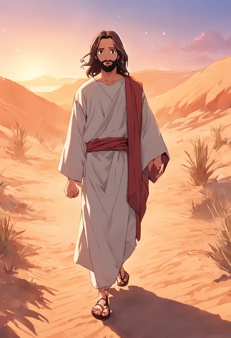 "Digital artwork depicting Jesus strolling through the desert, adorned in sandals, and exuding a gentle smile."