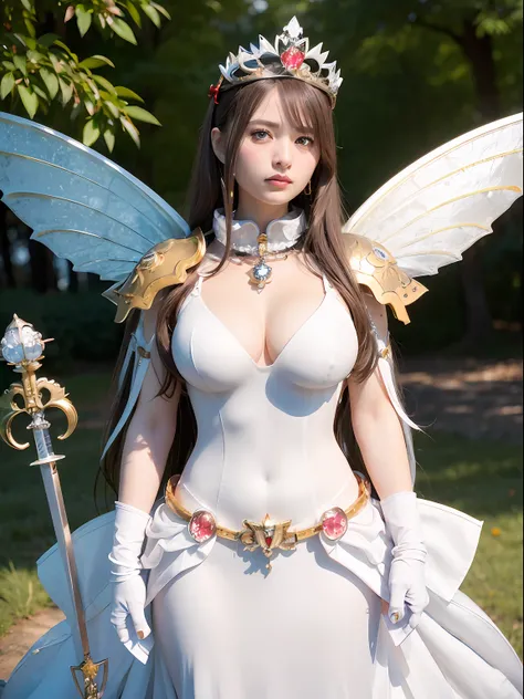 (masutepiece), Professional , ​masterpiece、top-quality、photos realistic , depth of fields （Gemstone Silver Metal Body:1.９),(Matte White、Jewel Gold Weapon、（Gorgeous castle background）、（ultimate beauty girl）、（Fairy wings grow on her back）、（Jewel Metal Body:1...