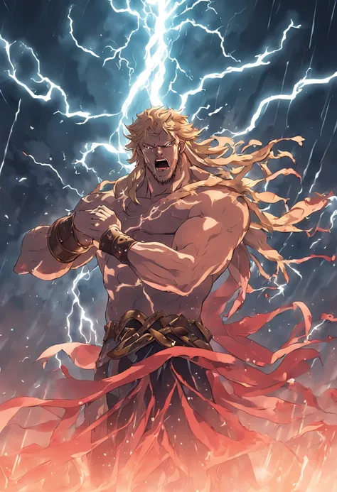 zeus holding medusas head in his arms after a bloody fight, rainy weather with lightning and thunder, bright rays coming out of his eyes and with expression of hate