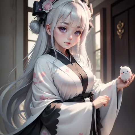 (((Masterpiece))), top quality, super detailed, blush, cute and playful, death attire, white kimono, ghost cosplay, ribbon, cheerful, silver hair, fluffy hairstyle, huge, heart-emitting eyes, sweet look.