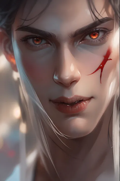 Handsome vampire teenager,closeup cleavage,head portrait,Open your mouth,the bats,long canine teeth,There is blood on the teeth,long whitr hair,(blood stains at the corners of the mouth:1.4),Blood-red eyes,depth of fields,dynamic blur,high light,Real light...
