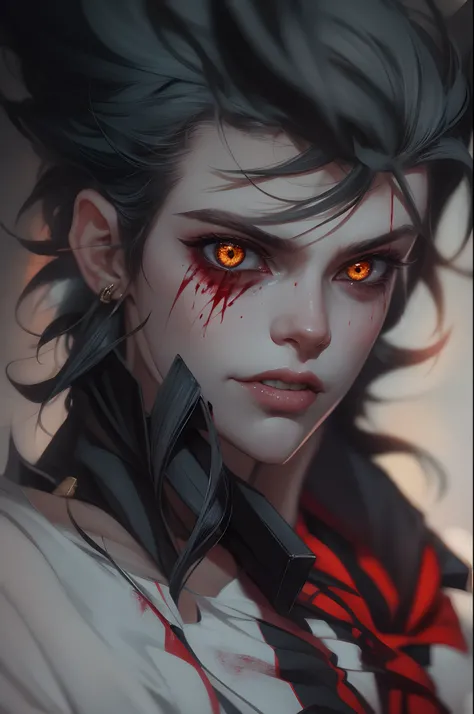 Handsome vampire teenager，closeup cleavage，head portrait，Open your mouth，the bats，long canine teeth，There is blood on the teeth，long whitr hair，（There is blood at the corner of the mouth：1.4），Blood，depth of fields，dynamic blur，high light，Real light，Ray tra...