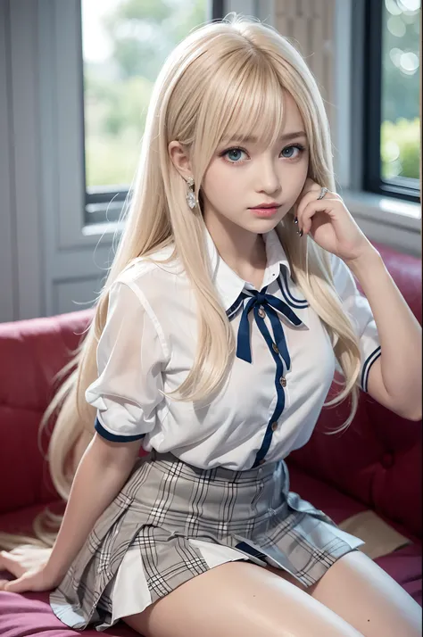 portlate、School Uniforms、bright expression、poneyTail、Young shiny shiny white shiny skin、Best Looks、Blonde reflected light、Platinum blonde hair with dazzling highlights、shiny light hair,、Super long silky straight hair、Beautiful bangs that shine、Glowing crys...