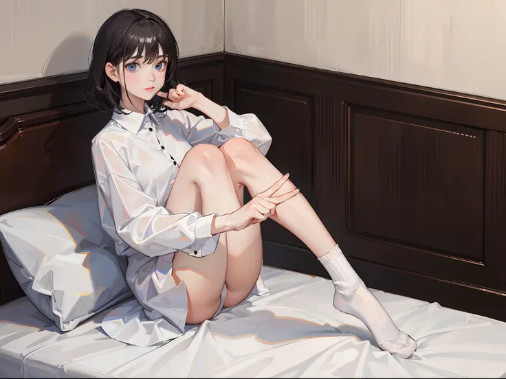 Jk young girl with short and medium black hair，white short socks，White pile socks，8K，Need,tmasterpiece,Bedrooms，inns，whaite hair,Blue-eyed girl kneeling in front of the bed,White shirt with buttons unbuttoned,seminude，Look up at the perspective:1.5,Raised ...