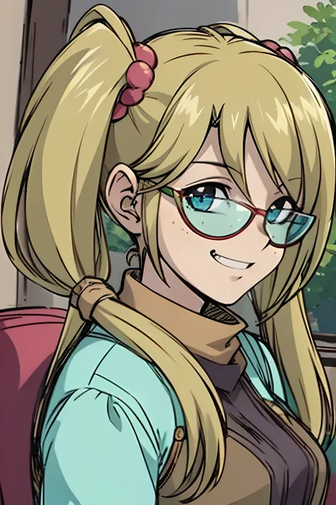 (masterpiece, best quality, ultra-detailed), 1girl, rebecca hopkins, blonde hair, twintails, red glasses,looking at viewer, port...