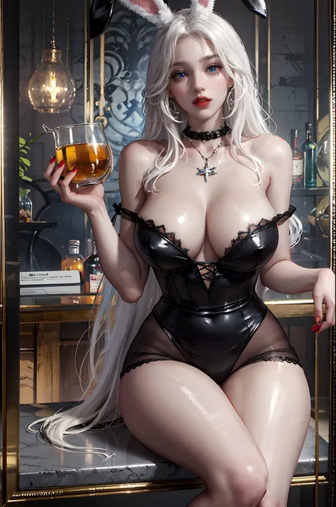 (best quality),(masterpiece), (highres), original, extremely_detailed_wallpaper, ((1women)), sit one bar chair,rabbit_ears,(hair_ornament), (huge breasts:1.2),full body, beautiful_detailed_eyes, (white_hair), long_hair, blue_eyes, (seductive_smile), ((deli...