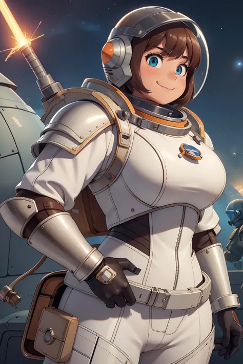 professional artwork, detailed eyes, beautiful eyes, large breasts, thick thighs, wide hips, curvaceous, voluptuous, beautiful face, flawless face, gorgeous face, smooth features, blush, short hair, beautifully detailed background, adventurous astronaut kn...