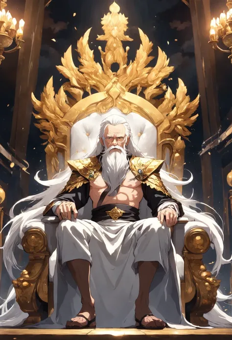 image of an elderly man sitting on a golden throne, with a long white beard and white hair