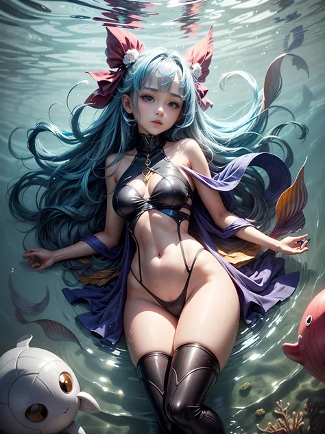 1 small curved loli，blue  hair，15 years old，dwarf，Lie at the bottom of the sea，full bodyesbian，Surrounded by monsters，Beauty wears transparent gel coat，The perfect figure reveals a slender waist，The lines are perfect，Raised sexy，Blushlush，Spread your legs，...