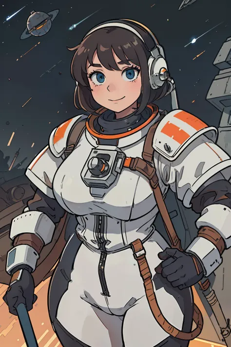 professional artwork, detailed eyes, beautiful eyes, large breasts, thick thighs, wide hips, curvaceous, voluptuous, beautiful face, flawless face, gorgeous face, smooth features, blush, short hair, beautifully detailed background, adventurous astronaut kn...