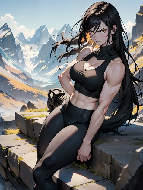 black hair, extremely long hair, yellow eyes, pale skin, ((muscular,)) large breasts, thick thighs, angry, leggings, tank top, mountain range background, 1 girl