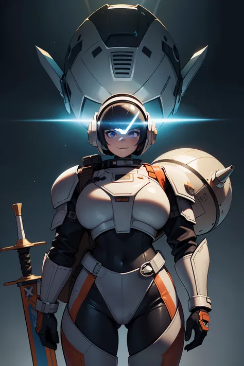 professional artwork, detailed eyes, beautiful eyes, large breasts, thick thighs, wide hips, beautiful face, flawless face, gorgeous face, smooth features, blush, short hair, beautifully detailed background, adventurous astronaut knight in bulky armored sp...