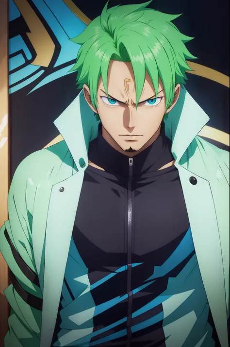 Anime characters with green hair and blue eyes and black jacket, Tall anime guy with blue eyes, 。, young anime man, male anime character, trigger anime artstyle, Anime portrait of a handsome man,, anime moe art style, , Anime handsome man