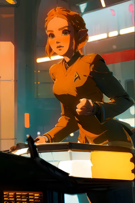 zelda(princess) in a  yellow stsnwunf uniform,starship bridge