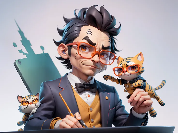 A young man in a suit, Short hair and glasses sat at his desk，holding laptop，digitial painting，tigre，3D character design by Mark Clairen and Pixar and Hayao Miyazaki and Akira Toriyama，4K HD illustration，Very detailed facial features and cartoon-style visu...