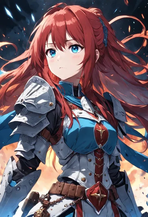 1female, rosary, light armor, war banner, red hair, blue eyes