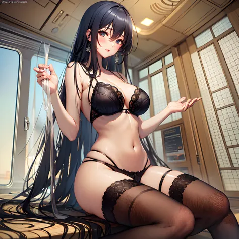 （Enrich the picture，Masterpiece level quality）Beautiful 8K CG artwork，Goddess-like posture，Sitting in the cabin of an airplane，Postural exercises，Slim and soft，Translucent skin，black color hair、The beauty of extra-long hair, Super Long Straight Hair，The sk...