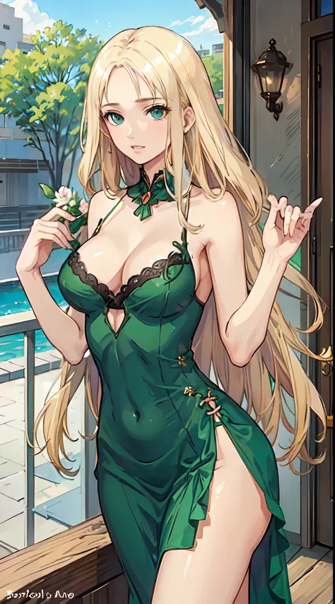 blonde hair, long hair, green eyes, green gown, short skirt, slim legs, navel, balcony, happy, cleavage, bend over, rolling eyes