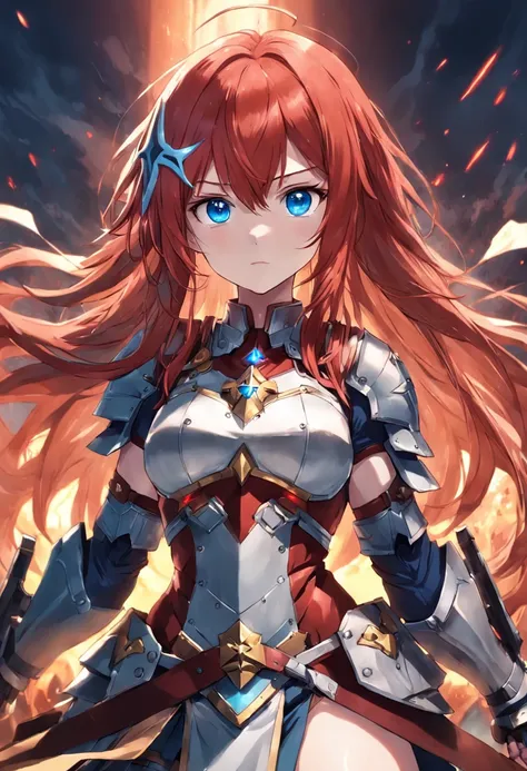 1female, cross, light armor, war banner, red hair, blue eyes