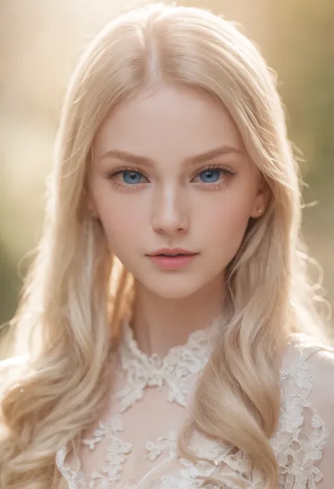 of a real，Perfect facial features，Realistic skin texture，Cute baby girl，closeup cleavage，head portrait，Pout，Blue eyes，Long blonde hair，depth of fields，dynamic blur，high light，Real light，Ray traching，oc rendered，Hyper-realistic，best qualtiy，8K，Works of mast...