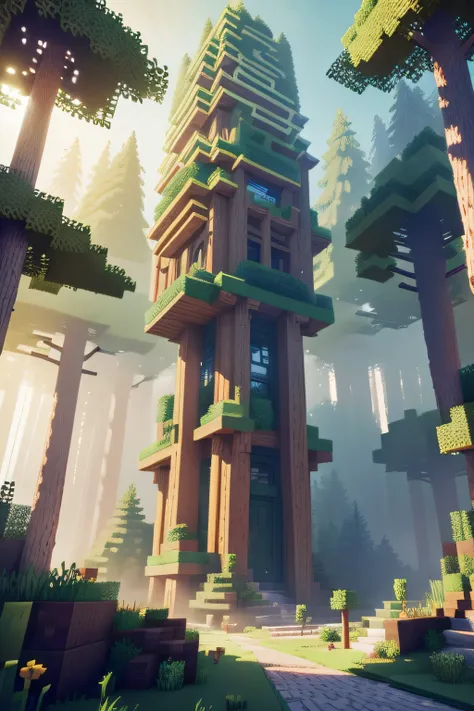 a forest in minecraft at  7 am and a phrase in the sky "creativeAI gallery"