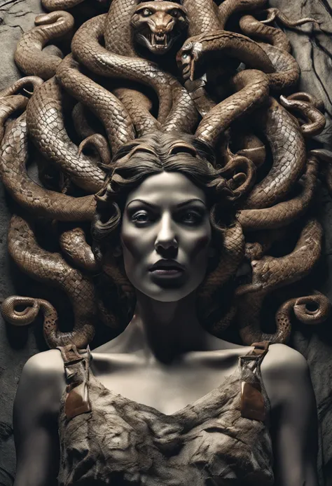 Design a gripping poster ,woman with snakes on her head "medusa" style angry expression glare and stone statues around petrified people Hypnotic, Androgynous, Gadgetpunk, face shot, Cinema4D rendering, Depth of field, Tapestry, black colors, Classical Real...