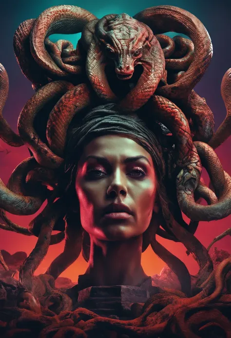 Design a gripping poster ,woman with snakes on her head "medusa" style angry expression glare and stone statues around petrified people Hypnotic, Androgynous, Gadgetpunk, face shot, Cinema4D rendering, Depth of field, Tapestry, black colors, Classical Real...