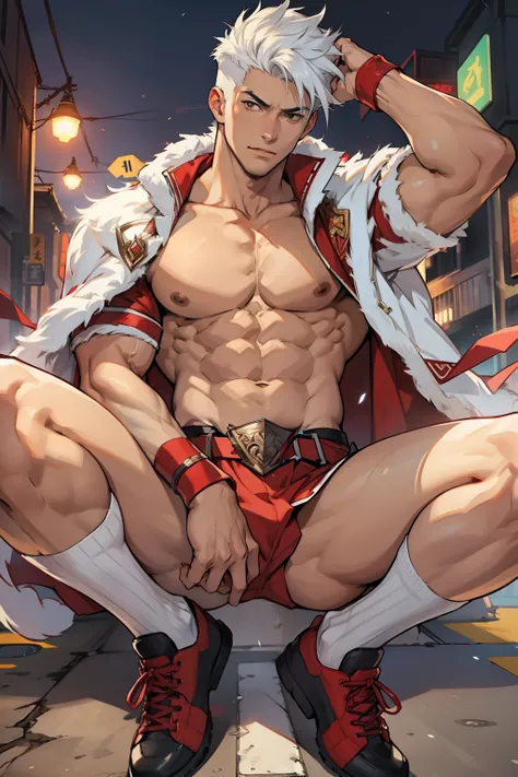 Highest image quality，male people，1 boy，Young and handsome，shoun，White color hair，Short flat top hair，Dark  skin，anime big breast，anime wallpaper，Solo，malefocus，Briefs，Dilation of the pectoral muscles，Red cape，Bulging crotch，Urban background，spread their l...