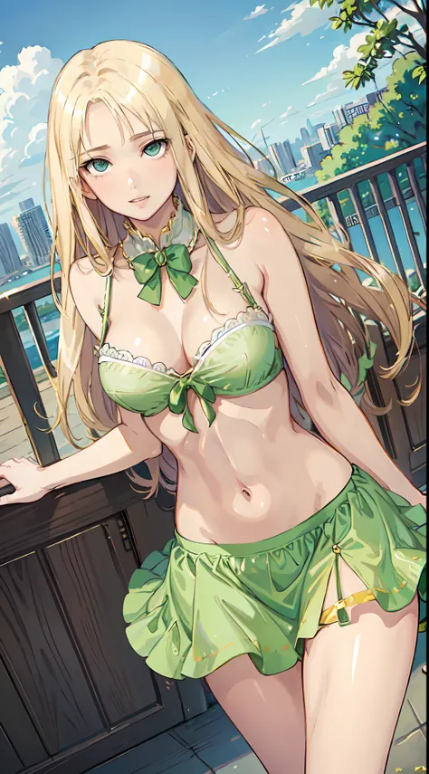 blonde hair, long hair, green eyes, green gown, short skirt, slim legs, navel, balcony, happy, cleavage, bend over, rolling eyes, ahegou