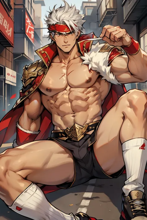 Highest image quality，male people，1 boy，Young and handsome，shoun，White color hair，Short flat top hair，Dark  skin，anime big breast，anime wallpaper，Solo，malefocus，Briefs，Dilation of the pectoral muscles，Red cape，Bulging crotch，Urban background，spread their l...