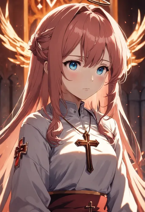 1female, christian cross hairpin, christian cross necklace, light armor, red hair, blue eyes, church interior background