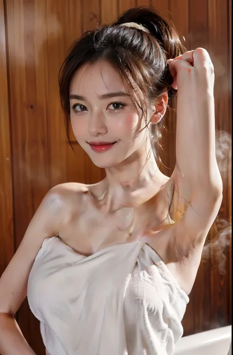 ((pose for photo、Show underarms、armpit pose、Armpit、Raise both hands、Show the armpits、is looking at the camera、A smile、Naked strapless bath towel、Steam in the sauna room、Lots of steam、Photograph the whole body、Naked only with a strapless towel、Sweaty glowin...